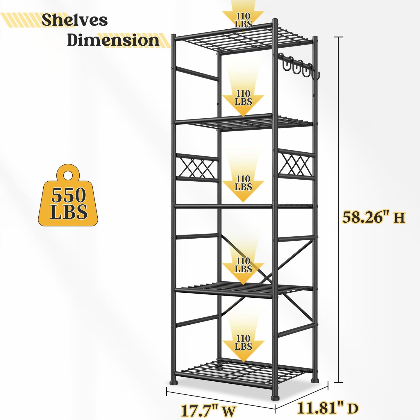 DurayLoly 2 Set Metal Shelving 5 Tier, Storage Shelves with Hooks Save Sapce, Wobble-Free Garage Shelving with Leveling Feet, Metal Shelves for Kitchens, Pantries, Bathrooms, 17.7”W×11.8”D ×58.3”H