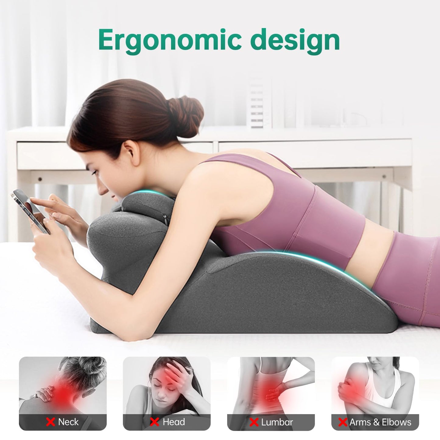 MOONYOOY Memory Foam Ergonomic Rest Pillow for Sleeping, Acid Reflux & GERD Relief - Elevation Bed Support Pillow for Back Pain, Post Surgery Recovery, Reading with Removable Washable Cover Gray