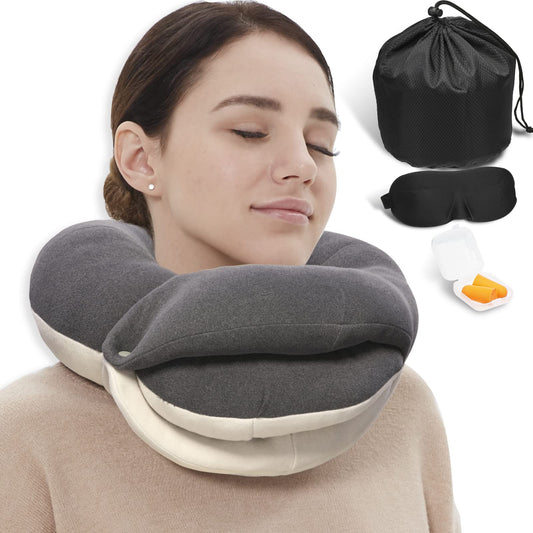BUYUE Travel Neck Pillows for Airplanes, Memory Foam 360° Head Support Sleep for Long Flight, Skin-Friendly & Breathable, Kit with Eye Mask, Earplugs and Storage Bag (Adult, Grey, 90+ lbs)