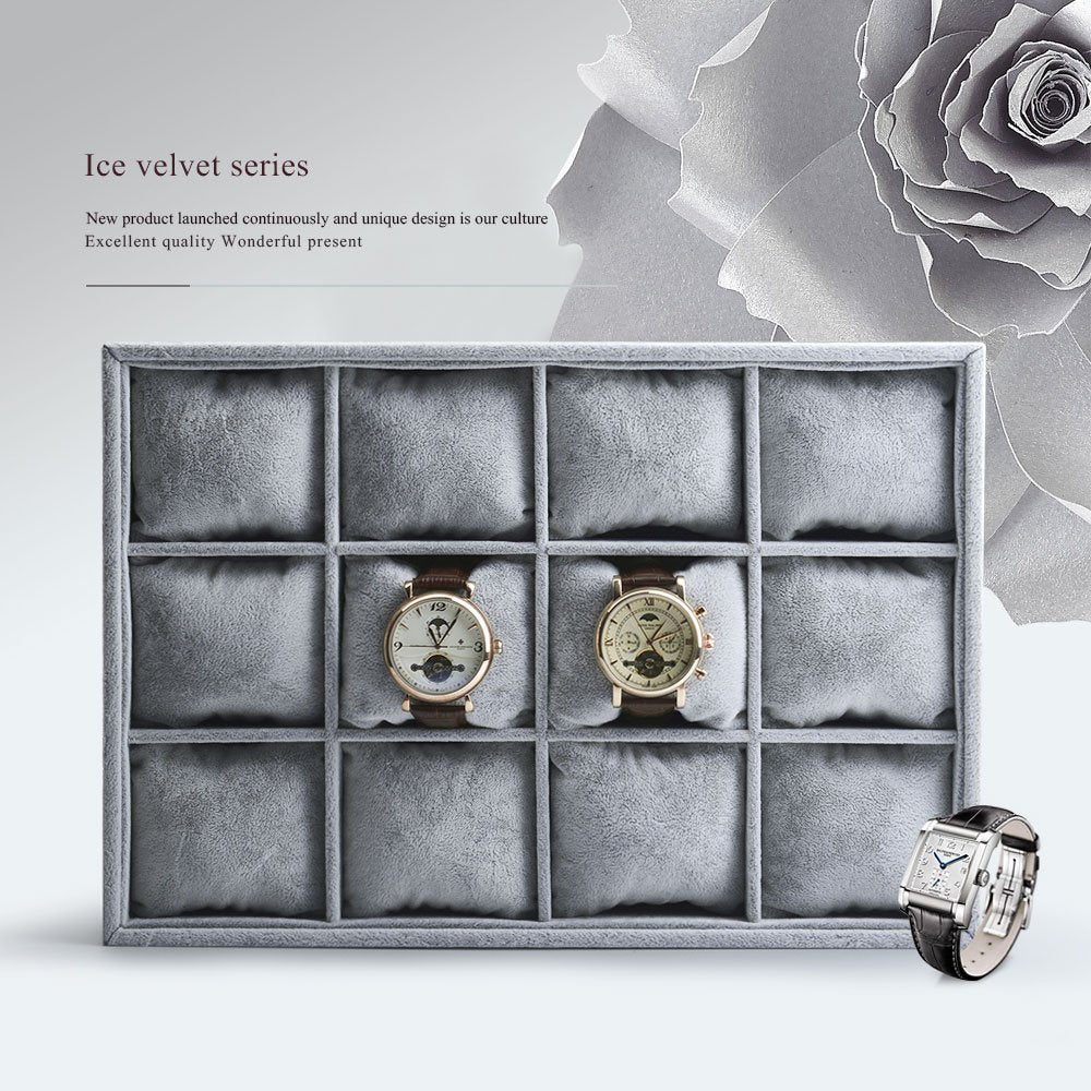 Oirlv Premium Velvet 12 Grid Jewelry Organizer Tray with Removable Pillow Watch Organizer Jewelry Tray Bracelet Bangle Watch Display Holder