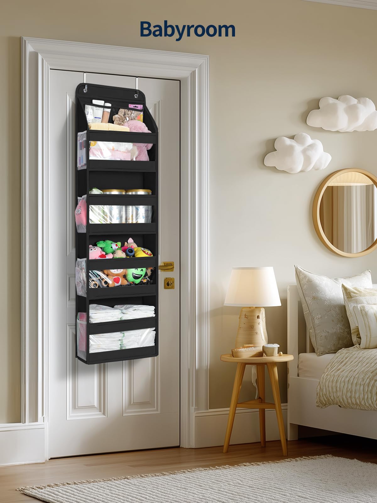 Yecaye 5 Tier Over the Door Organizer, Swing-proof Door Organizer Hanging with Clear PVC Windows, Behind the Door Storage for Bedroom Nursery Closet Laundry Pantry Bathroom, Black