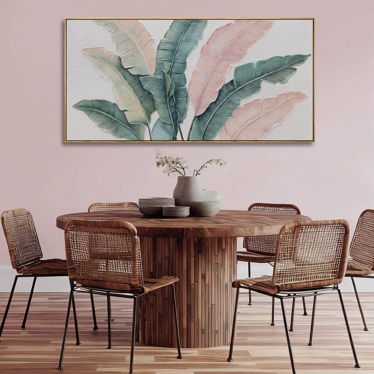 Tropical Green and Pink Leaf Wall Art 24x48 Inch, Large Framed Canvas Prints with Wooden Frame, Botanical Home Decoration for Bedroom Living Room or Office