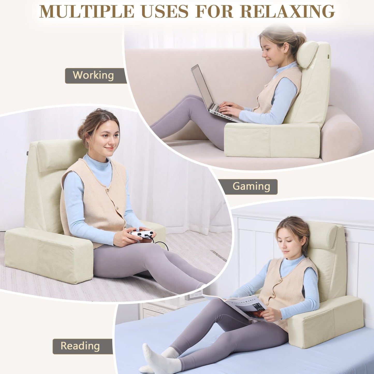 TANYOO Reading Pillow for Sitting Up in Bed Backrest Pillow with Armrests, Headrest and Side Pockets Dual Layer Back Support for Bed and Sofa Ideal for Adults Reading,Watching TV, Gaming, Recovery