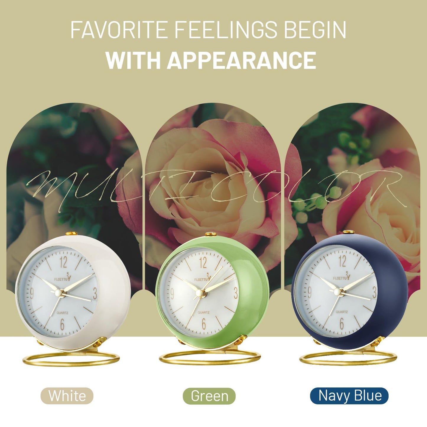 FLOITTUY Silent Table Analog Alarm Clock No Ticking, Lighted on Demand and Battery Operated, Beep Sounds, Small Desk Clock(White)