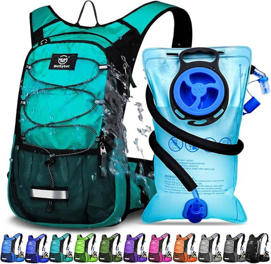Mothybot Insulated Hydration Backpack Pack with 3L BPA Free Leak Proof Water Bladder, Large Storage Lightweight Hiking Daypack with Waist Pouches & Cooler Layer, for Running, Biking, Camping, Festival