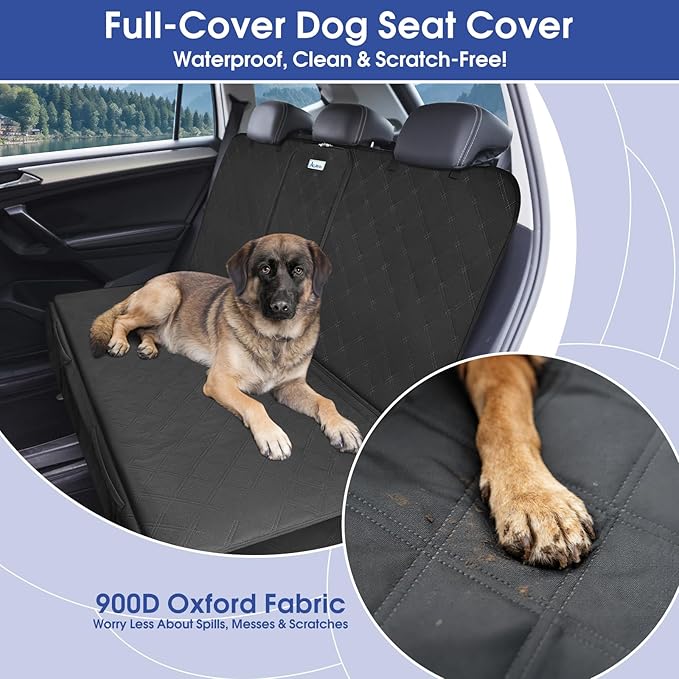 Upgraded 900D Heavy Duty Dog Back Bench Seat Cover, Car Seat Protector, 3 Seatbelts & Armrest Compatible, Waterproof Nonslip Pet Backseat Cover for Dogs & Kids, Fits Large SUVs & Trucks