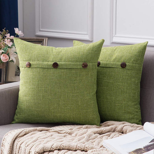 MIULEE Set of 2 Linen Throw Pillow Covers Cushion Case Triple Button Vintage Farmhouse Spring Pillowcase for Couch Sofa Bed 20 x 20 Inch 50 x 50 cm Green