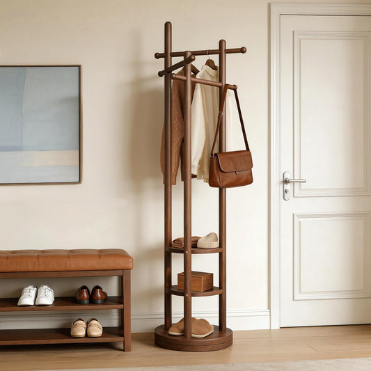 Vcalnil Coat Rack Freestanding, Solid Wood Coat Tree with 6 Hooks and 3 Storage Shelves for Bedroom, Entryway Living Room, Office, Corner Hanger Stand for Purse, Bag, Jacket, Hat