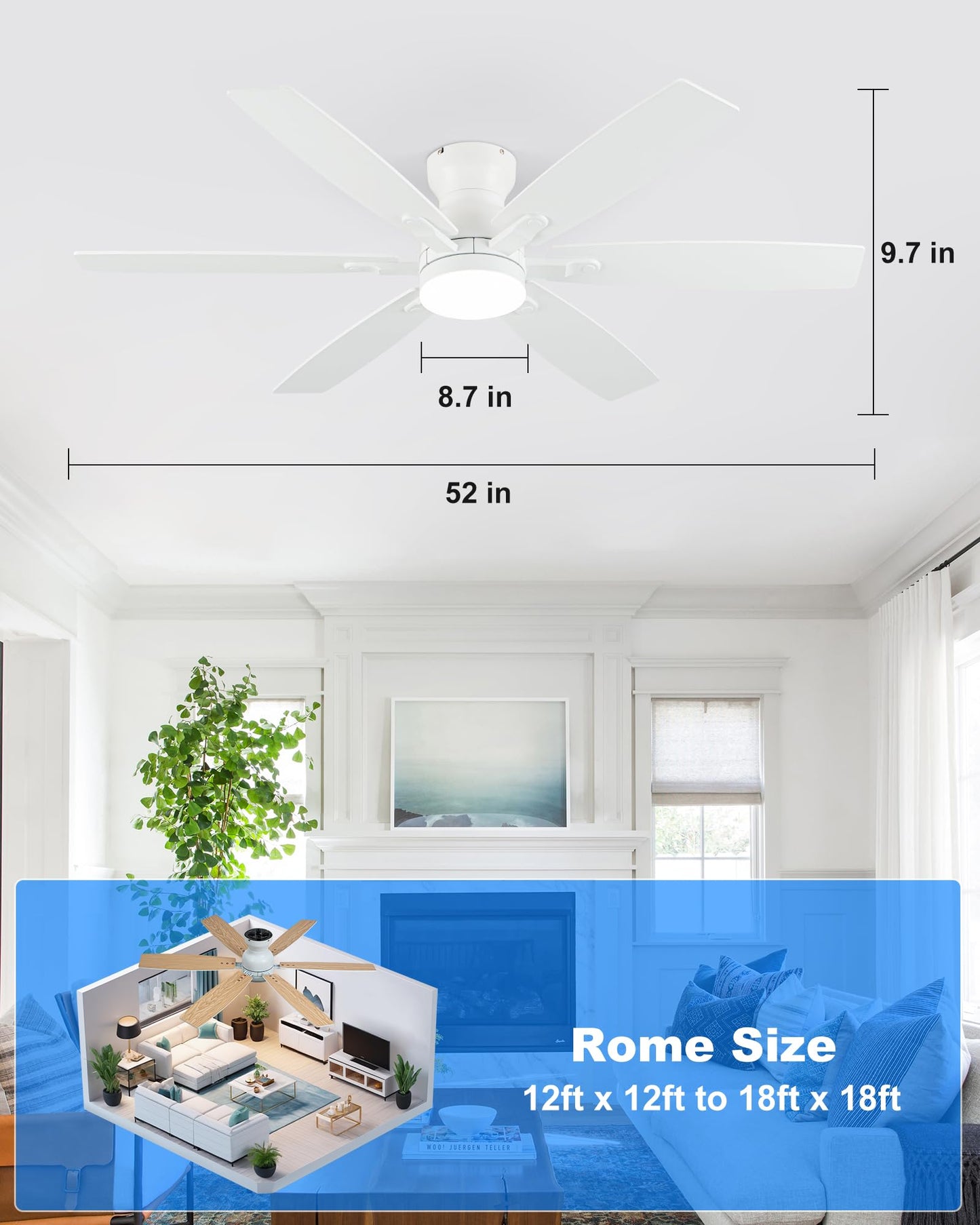Coolwind 52" Low Profile Ceiling Fan with Light, White 6 Speed Reversible DC Motor, 6 Double-Side Blades and App/Display Remote Control, 3CCT Dimmable Led Flush Mount Ceiling Fan for Bedroom