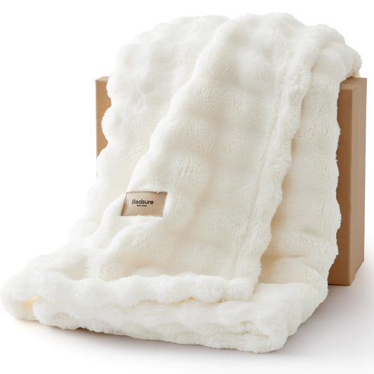 Bedsure Queen Size Blanket 3D Fleece Bubble Queen Blankets for Bed - White Blanket for Bed Sofa Room Decor - Luxury Soft Cozy Gifts for Women Girls, Lightweight, Off White, 90"×90"