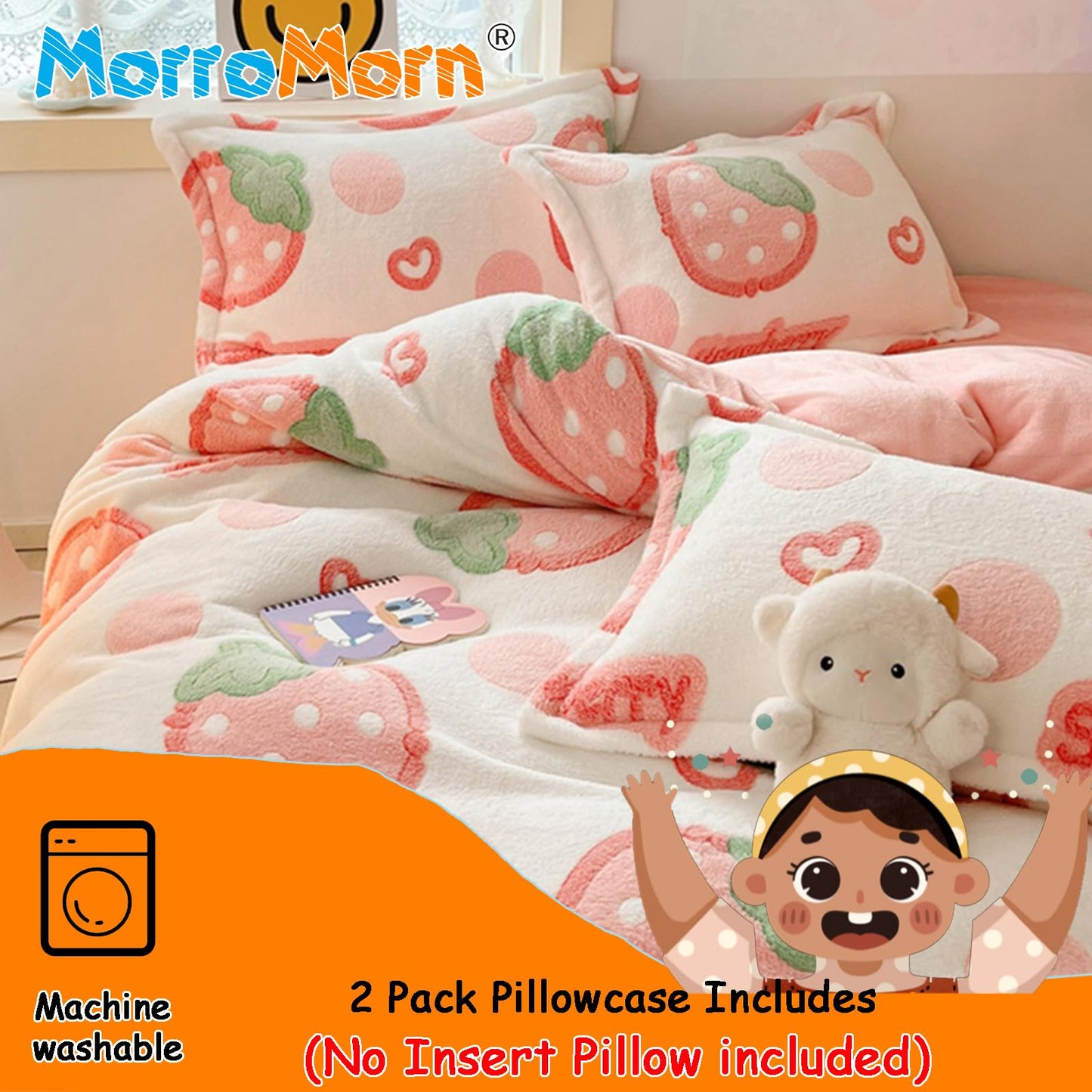 MorroMorn Decorative Pillows Covers Pink Kawaii, 2 Packs Plush Pillow Cases Standard Size, Soft Throw Pillowcase Cushion Shams with Zipper Closure Girls Room Decor (Pink Strawberry, Standard)
