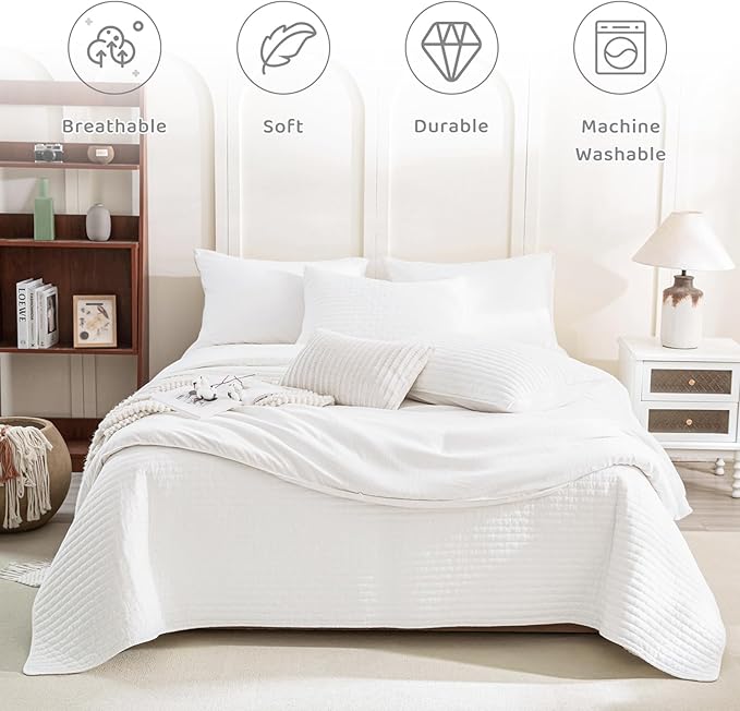 Sanracie Stonewashed Oversized Queen Quilt(102"x118"), Cotton Milk White Quilt Coverlet Sets 3Pcs Ultra Soft Crinkle Cross Stitch Bedspread Sets for All Season
