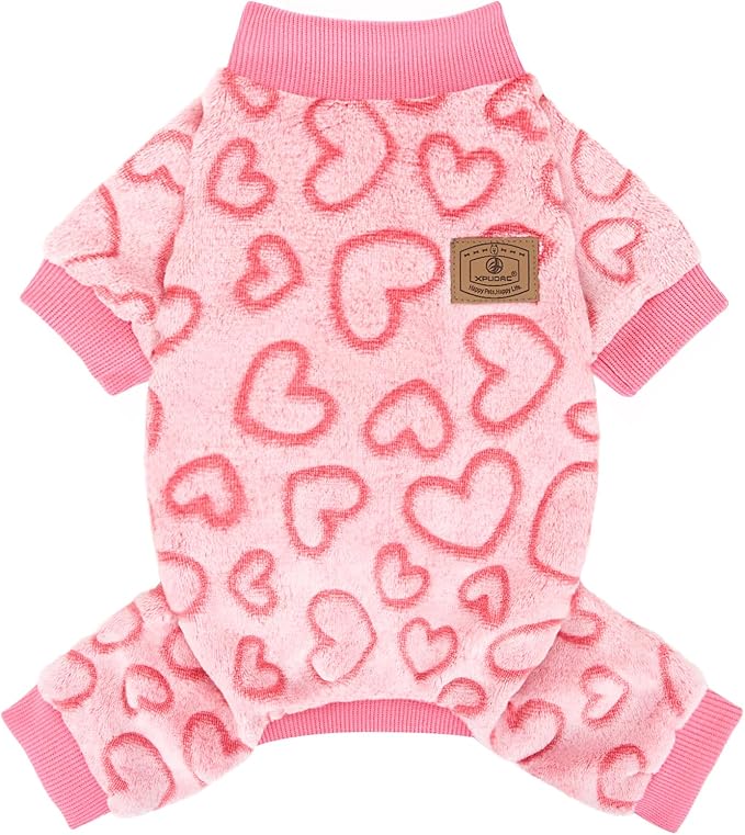XPUDAC Dog Pajamas Heart Fleece Dog Sweater Winter Puppy Clothes for Small Medium Dogs Girl Pet Holiday Clothes Doggie Outfits for Valentines Day, M