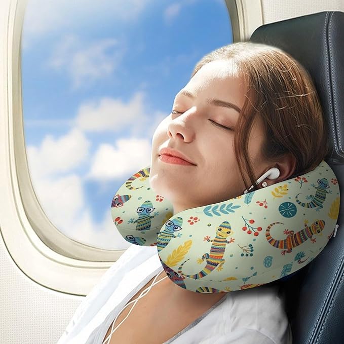 Cute Travel Neck Pillow Cartoon Lizard Memory Foam U Shaped Cushion, Washable Cover for Boys Girls Airplane Car School Nap