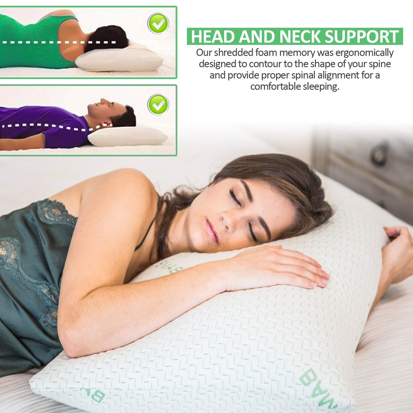 Elif Queen Size Pillows for Sleeping, Set of 2 – Cooling Shredded Memory Foam Pillow with Removable Cover for Back, Stomach & Side Sleepers, Rayon Derived from Bamboo, Queen (2 Pack)