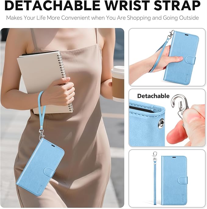 TUCCH Removable Case Wallet for iPhone 17 (6.3") 2025, Detachable Wrist Strap, Wireless Charging, Stand, 4 Card Holders RFID Blocking, 2-in-1 Magnetic, PU Leather Shockproof Cover, Pearly Light Blue
