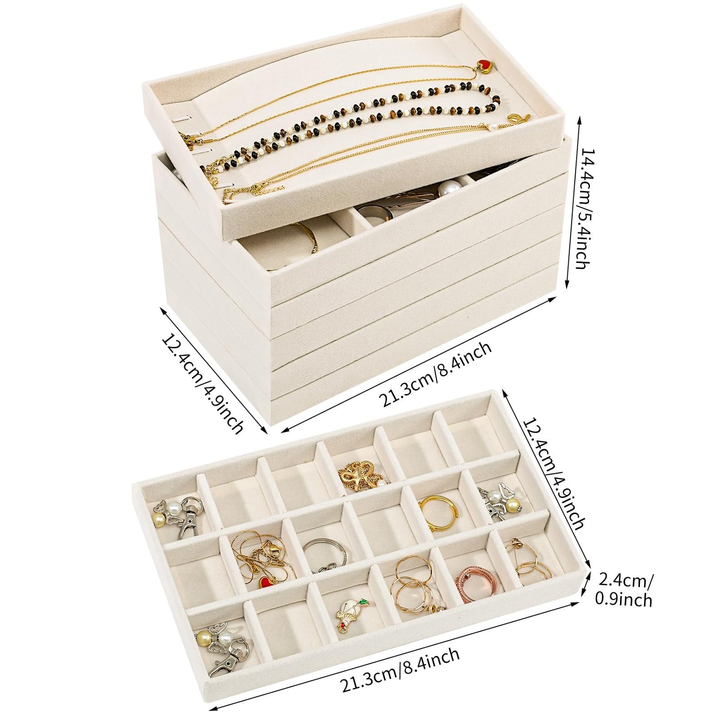 Dntorx Stackable Jewelry Organizer Trays, 6 Set of Velvet Jewelry Drawer Insert Sets Organizer Trays Jewelry Display Case Storage with Removable Dividers for Earring Necklace Rings Bracelet（Beige）
