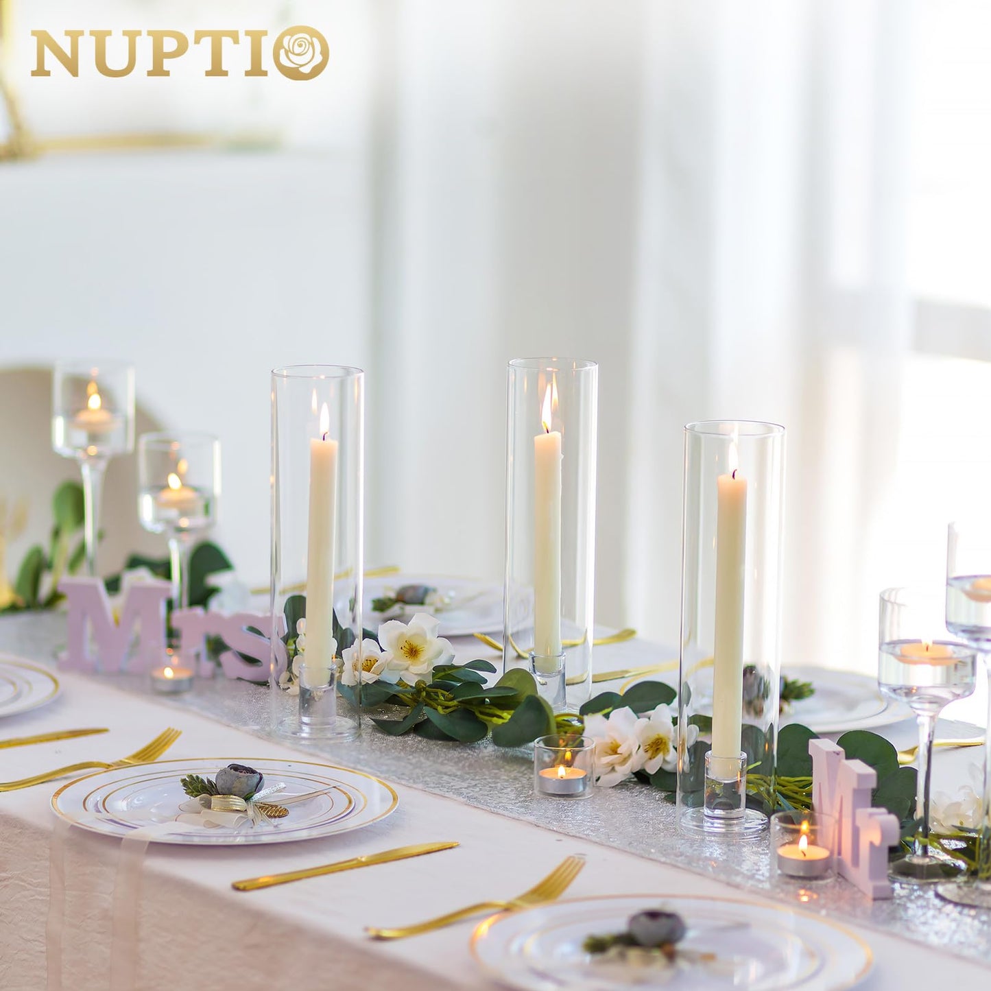 NUPTIO Hurricane Glass Candle Holders: Set of 2 Candlestick Holder with Cylinder Covers 11.8 inch Tall Windproof Clear Taper Candle Stand for Fall Thanksgiving Christmas Decor