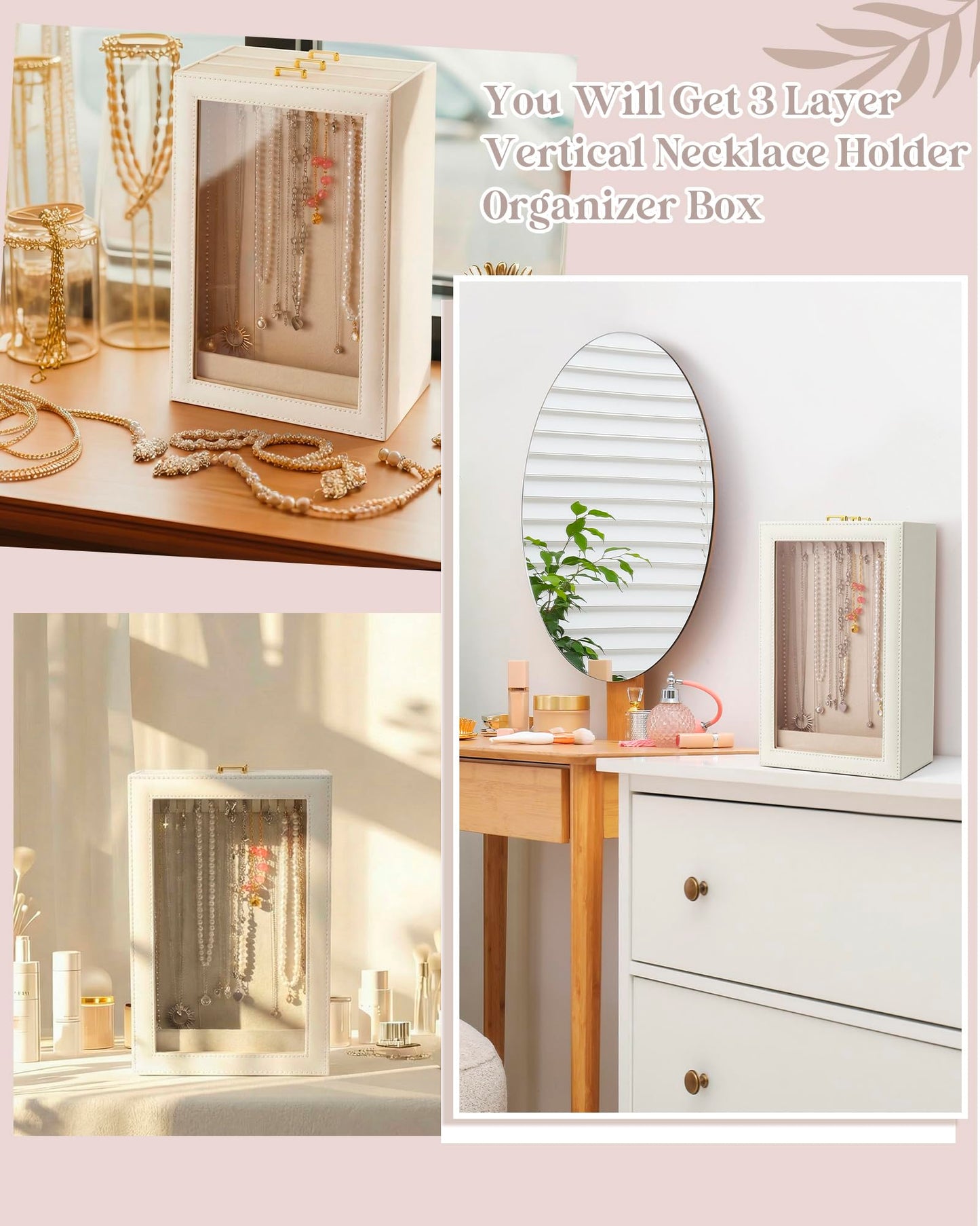 Huquary 3 Layer Vertical Necklace Holder Organizer Box 12.6" x 7.9" x 5", 30 Hooks PU Necklace Storage Box with Clear Lid Necklaces Display Case for Jewelry Organizer Storage Women Gift(White)