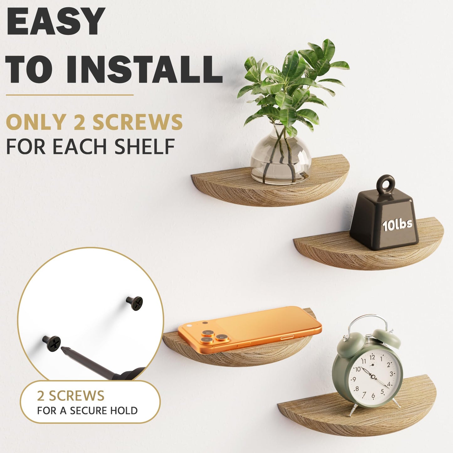 QsQueen Half Round Floating Shelves, 4 Pack Small Wood Wall Shelves for Plants & Decor