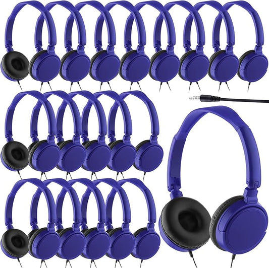 Yunsailing 18 Pack Classroom Headphones Bulk Student Wired Class Headphones Set for School with Individually Wrapped Adjustable Over Ear Head Earbuds (Navy Blue)