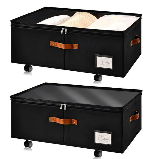 Freebat Under Bed Storage Organizer with Wheels 2 Pack, 10 inches Height Underbed Container with Clear Lid Cover, Storage Bag Box with Visiable Window for Clothes, Bedsheet, Pillow