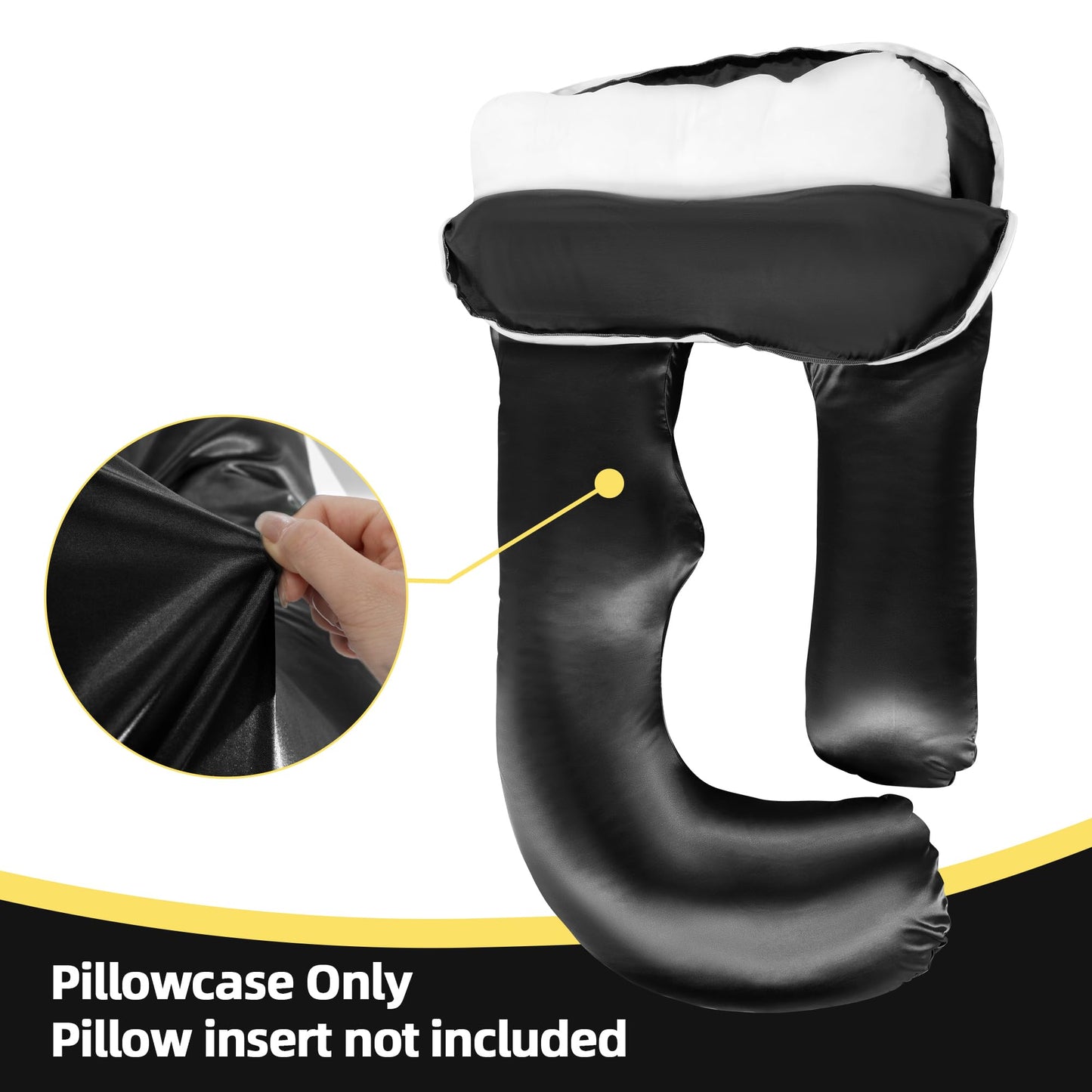 BALAPET Silky Satin Pregnancy Pillow Cover (ONLY Pillowcase), U Shaped Smooth Maternity Pillow Cover with Hidden Zip, Luxurious Soft & Breathable Large Pillow Protector for Side Sleeper, Black