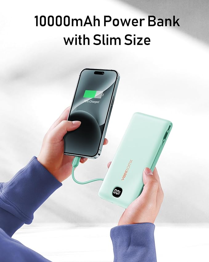 VEEKTOMX Portable Charger with Built in Cables 10000mAh, Power Bank for iPhone with Wall Plug, Travel Essential Fast Charging Slim USB C External Battery Pack for iPhone 17/16/15, Samsung, iPad, etc