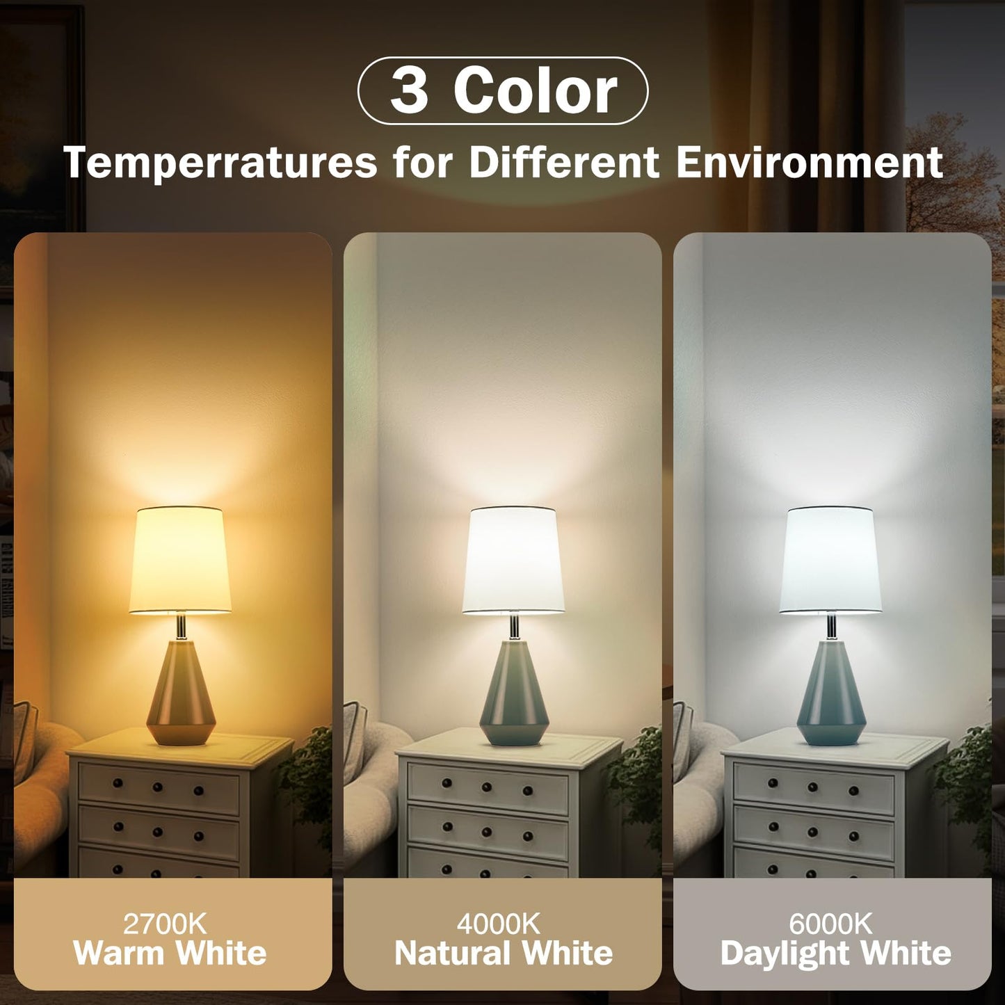 bdayanx Small Bedside Table Lamp for Bedroom - Reading Desk Lamp with 3 Color Temperatures，15.5" Nightstand Ceramic Lamp with Fabric Shade for Kids Room,Living Room,Dorm,Home Office (Green+White)