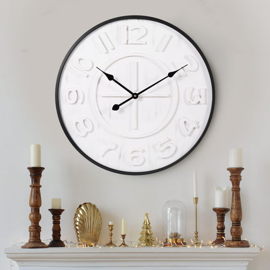 aevbibs Modern 24-Inch Wall Clock, Iron & Wood with Distressed Vintage Finish – Silent Non-Ticking Quartz Movement, Battery Operated, Easy to Hang, for Living Room, Office, Classroom