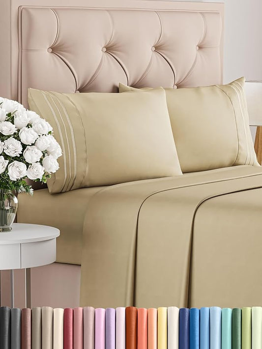Cal King Size 4 Piece Sheet Set - Comfy Breathable & Cooling Bed Sheets Set - Hotel Luxury Bedding for Women, Men, Kids, Teens, Boys & Girls - Deep Pockets, Ultra-Soft, Wrinkle Free - Oeko-Tex - Beige