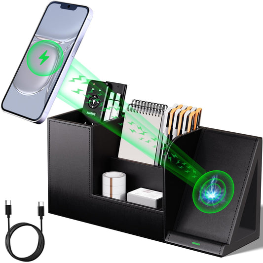 LADSTAG Pen Organizer with Phone Stand,Black Vegan Leather Desk Organizers with Remote Control Holder,Pencil Holder for Desk,Desk Organizer with Phone Charger for Office/Nightstand/Endtable