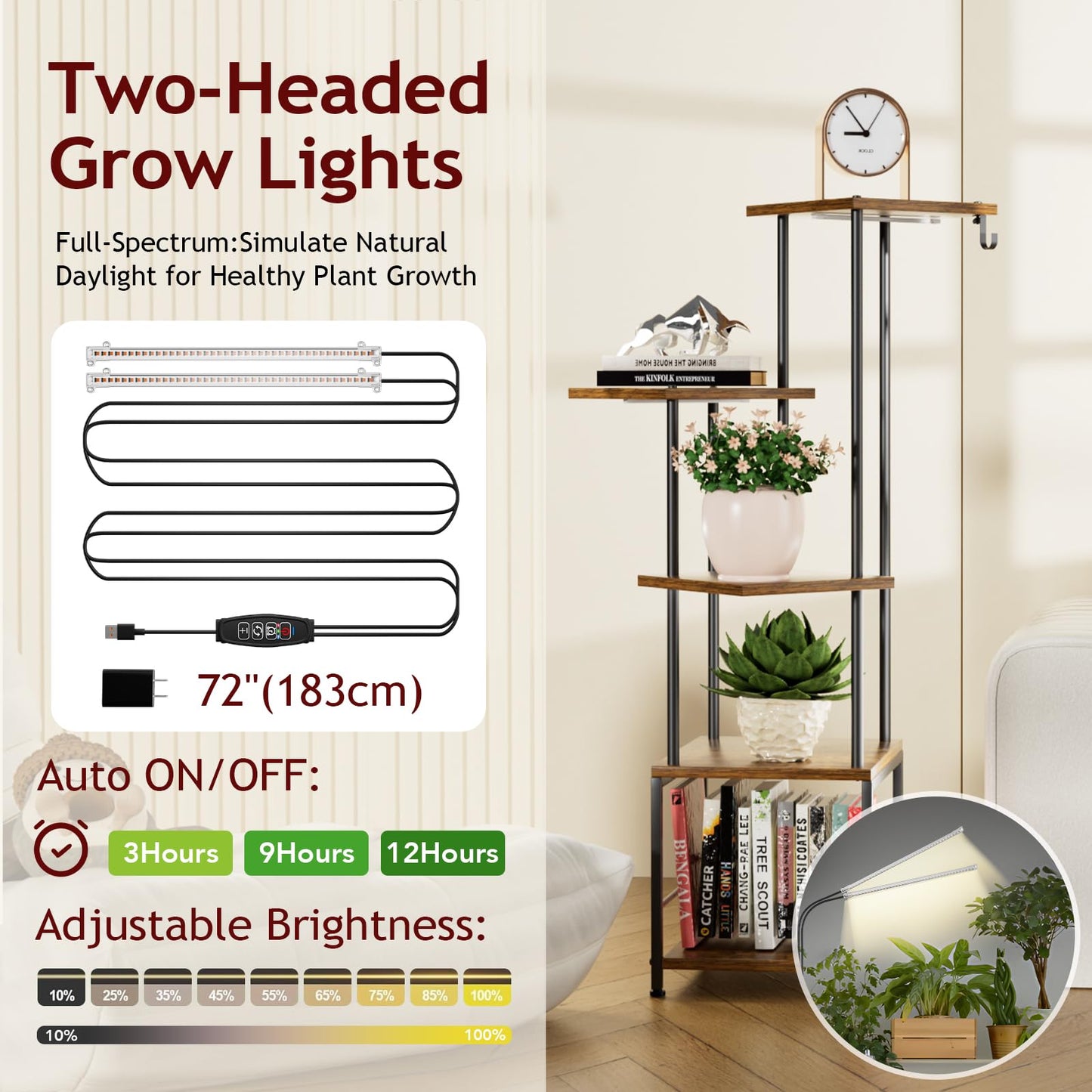 Homsorout Plant Stand Indoor with Grow Light - 5-Tier Metal Plant Shelf with Hanging Basket Hook, Corner Tall Flower Holder for Multiple Plants, Living Room Balcony Garden Patio, Rustic Brown