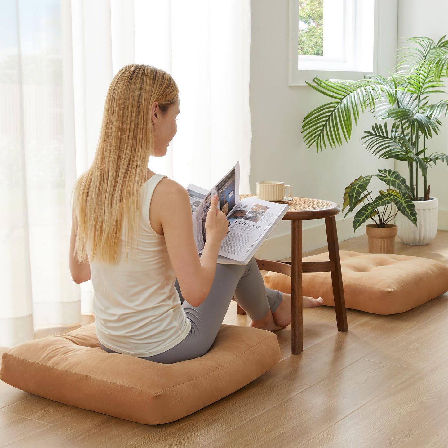 SM-XLHN Meditation Floor Pillow Set of 2, Square Large Pillows Seating for Adults, Meditation Cushion Pillow,Tufted Corduroy Cushion for Tatami Living Room or Yoga, Coffee, 22x22 Inch
