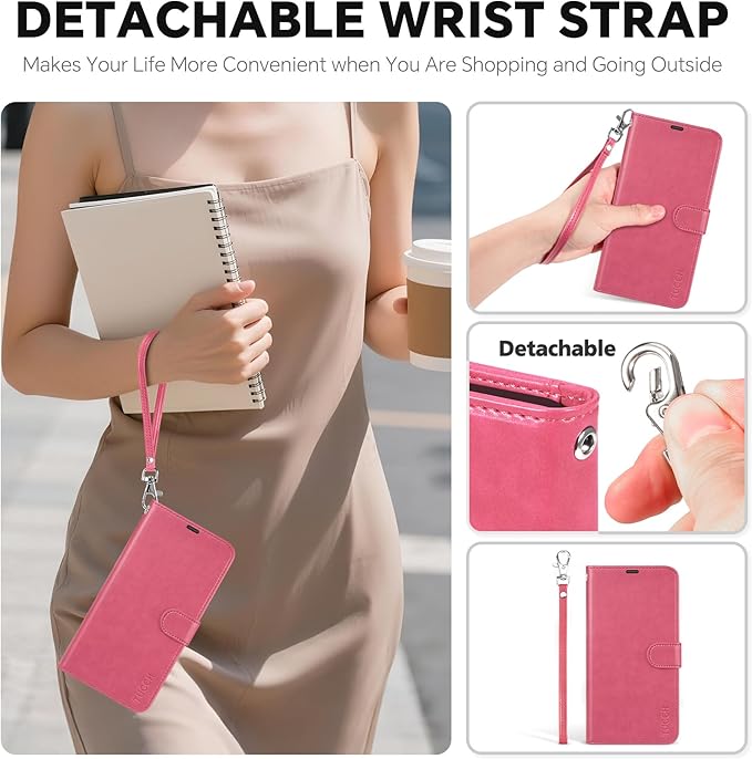 TUCCH 2-in-1 Removable Wallet Case for iPhone 17 Pro (6.3-inch) 2025, Wireless Charging | RFID Blocking 4 Card Slot | Wrist Strap | Kickstand | Magnetic | PU Leather | Protective Flip Cover | Hot Pink