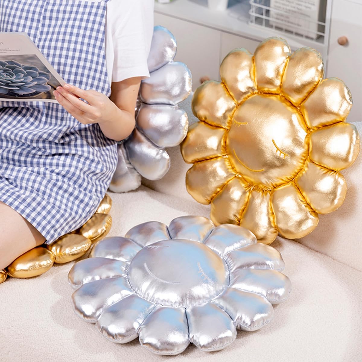 FIONOUT Gold Sunflower Pillow, 16.53 Inch Cute Sunflower Smiley Face Cushion, Soft Plush Decor for Bed Dorm Room Aesthetic Girls Women