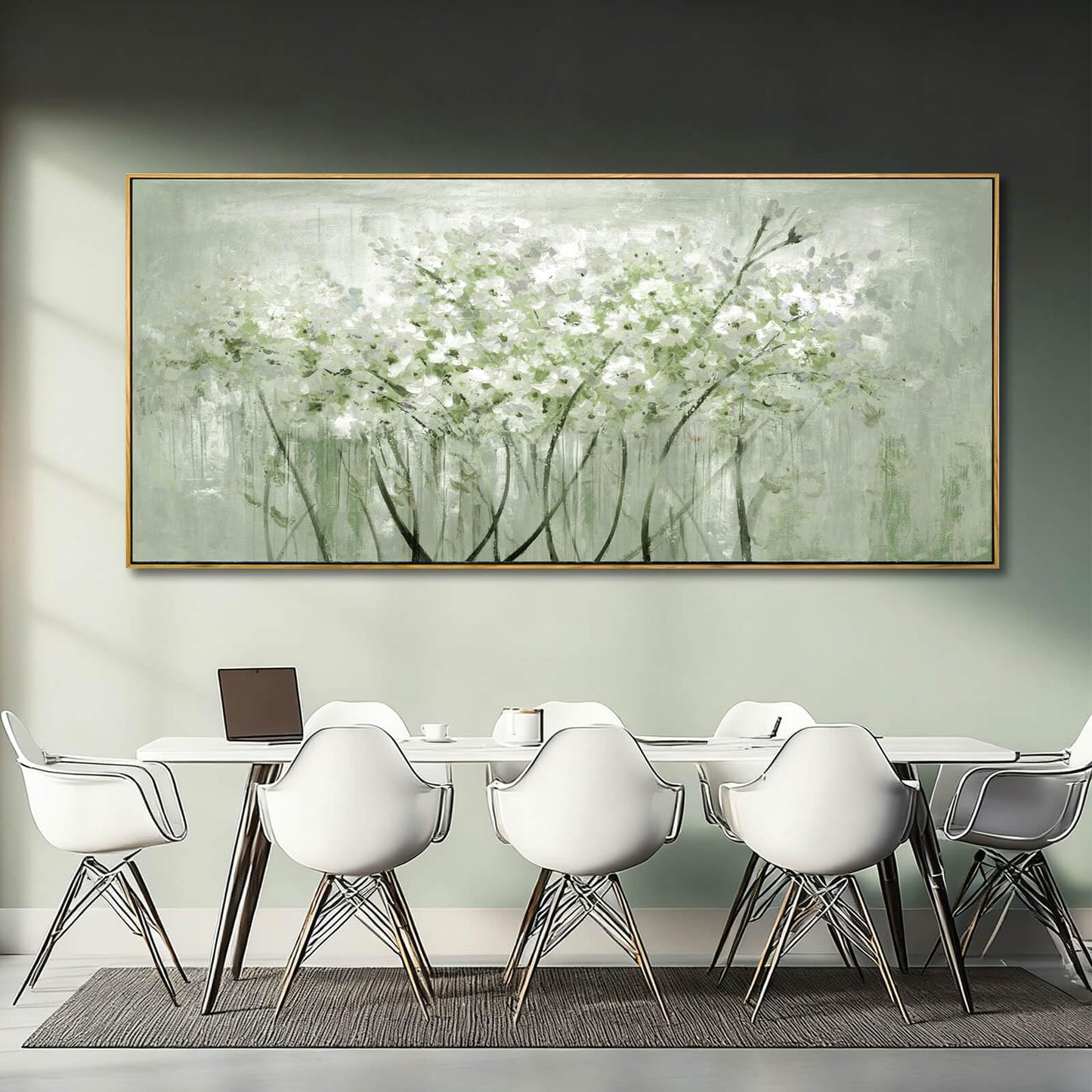 MLART99 Soft Green and White Floral Canvas Extra large Flower Wall Art Texture Botanical Print Plant Posters- 32x70 Inch Modern Home Decor for Living Room Entryway