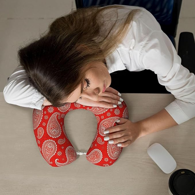 Comfortable Memory Foam Travel Neck Pillow, Funny Chin/Head Cushion Supporting Airplane Car Pillows Paisley Bandana Red for Sleeping Outdoors Travel Office