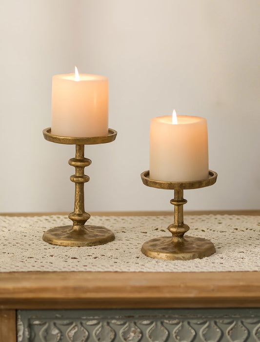 NUPTIO Gold Candle Holders for Pillar: Antique Brass Cast Iron Candleholder for 3 Inch Pillars -Heavy Metal Candle Stand for Christmas Party Table Decor