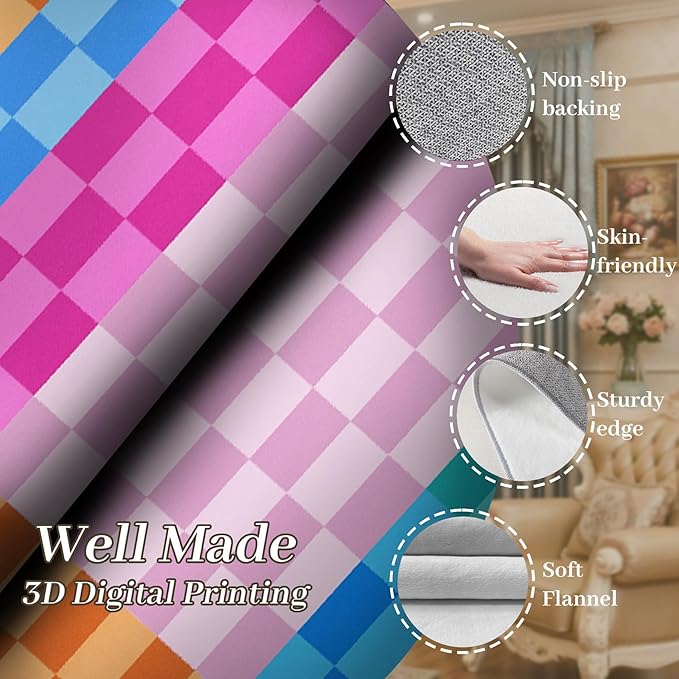 Multicolored Checkerboard Grid Runner for Entryway, 2.6x10ft, Boho Colorful Checkered Pattern Kids Playing Mat, Cozy Soft Absorbent Reduce Noise Rugs, Durable Washable Carpet for Family