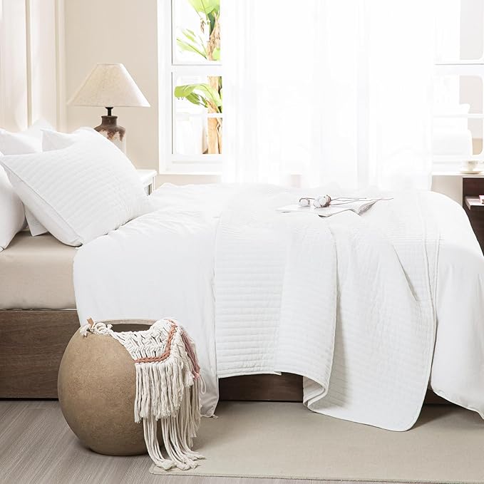Sanracie Stonewashed Cotton Quilt Set King Size(110"x98"), Milk White Quilt Coverlet Bedding Set Cross Stitch Pattern 3Pcs Lightweight Crinkle Quilted Bedspread Set for All Season