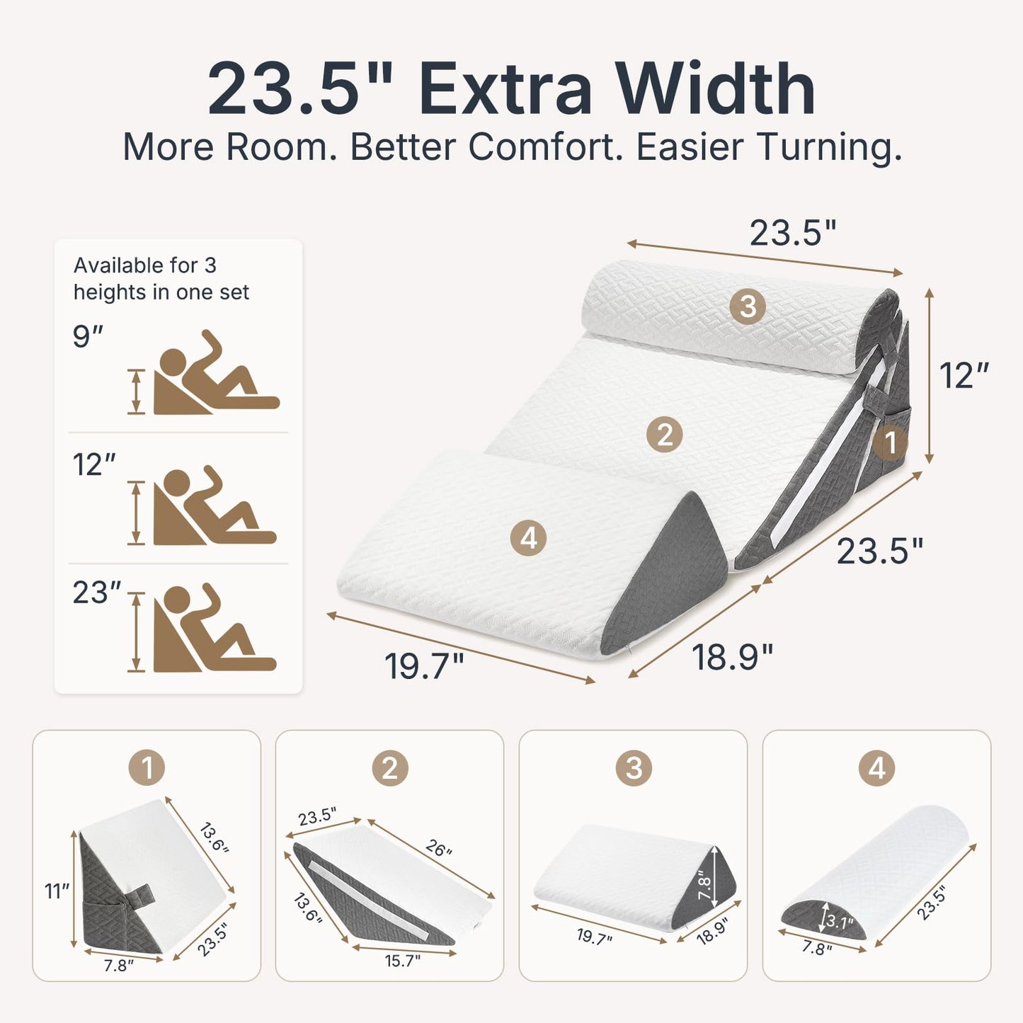 Adjustable Wedge Pillow Set for After Surgery Recovery, 4PCS Bed Wedge with Leg Elevation Pillow, Cooling Gel Memory Foam Support for Acid Reflux, GERD, Back Pain & Leg Elevation, White/Dark Grey