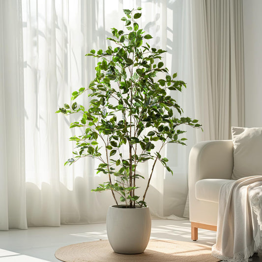 Bailikang Artificial Ficus Tree Indoor 5ft, Large Potted Faux Tree with Realistic Silk Leaves & Trunk for Home Office, Living Room Corner Decor
