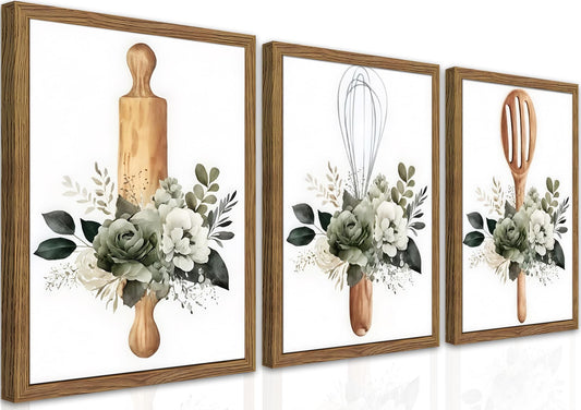 Modern Kitchen Canvas Wall Art Set of 3 – Framed Minimalist Floral Plant Wall Decor, Flowers Kitchen Utensil Posters Prints for Kitchen Dining Room Home Decor – 12x16in