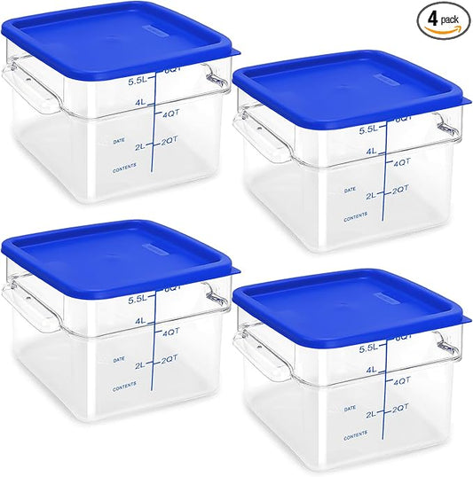 TSUBOR 4 Pack Food Storage Containers with Blue Lids, 6.0 Qt - Square, Clear, Polycarbonate, for Restaurant Commercial Kitchen and Home party