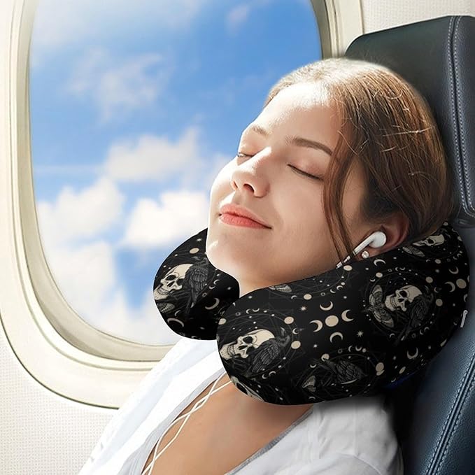 Breathable Travel Pillow Black Raven Moon Skull Art Memory Foam Chin Support, Removable Washable Cover for Airplane Car Office Sleeping