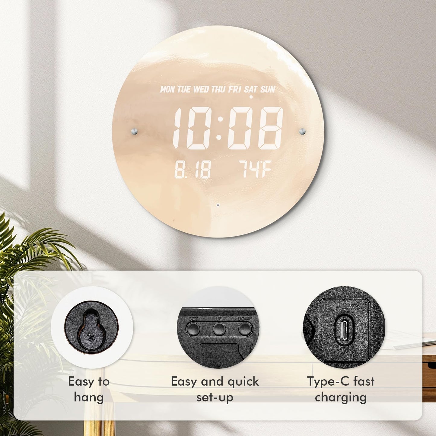 SCOAGE Digital Moon Wall Clock with Temperature/Time/Date, 12'' Modern Led Wall Clock Battery Operated, Smart Dimming, Large Display Decorative for Bedroom/Office/Kitchen