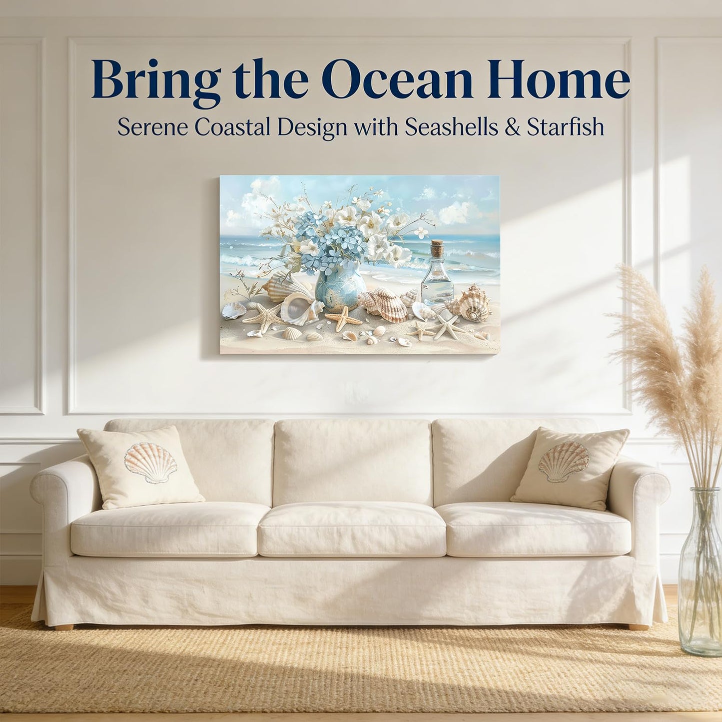 Blue Ocean Beach Bathroom Canvas Wall Art Seaside Seashell Painting Picture Wall Decor Starfish with White Flower Coastal Poster Print Artwork for Living Room Bedroom Bathroom Decor 12x16 in Canvas