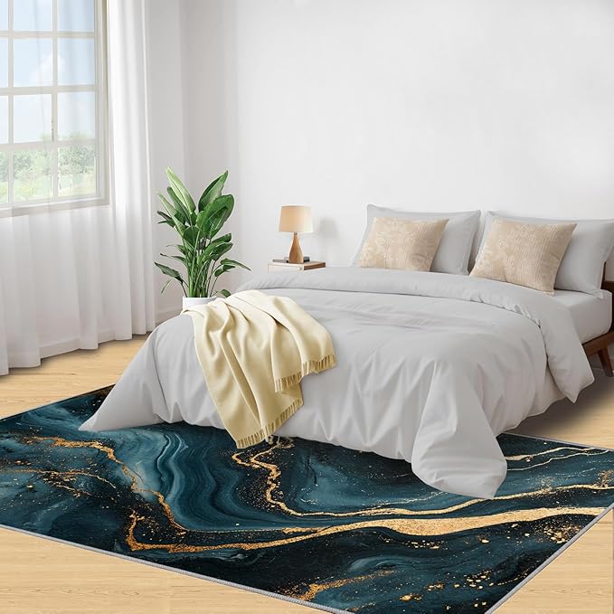 Marble Washable Area Rugs 2x3 Non-Slip Fluid Art Living Room Rug Gold Lines Soft for Carpet Low Pile Indoor Door Mat & Room Decor
