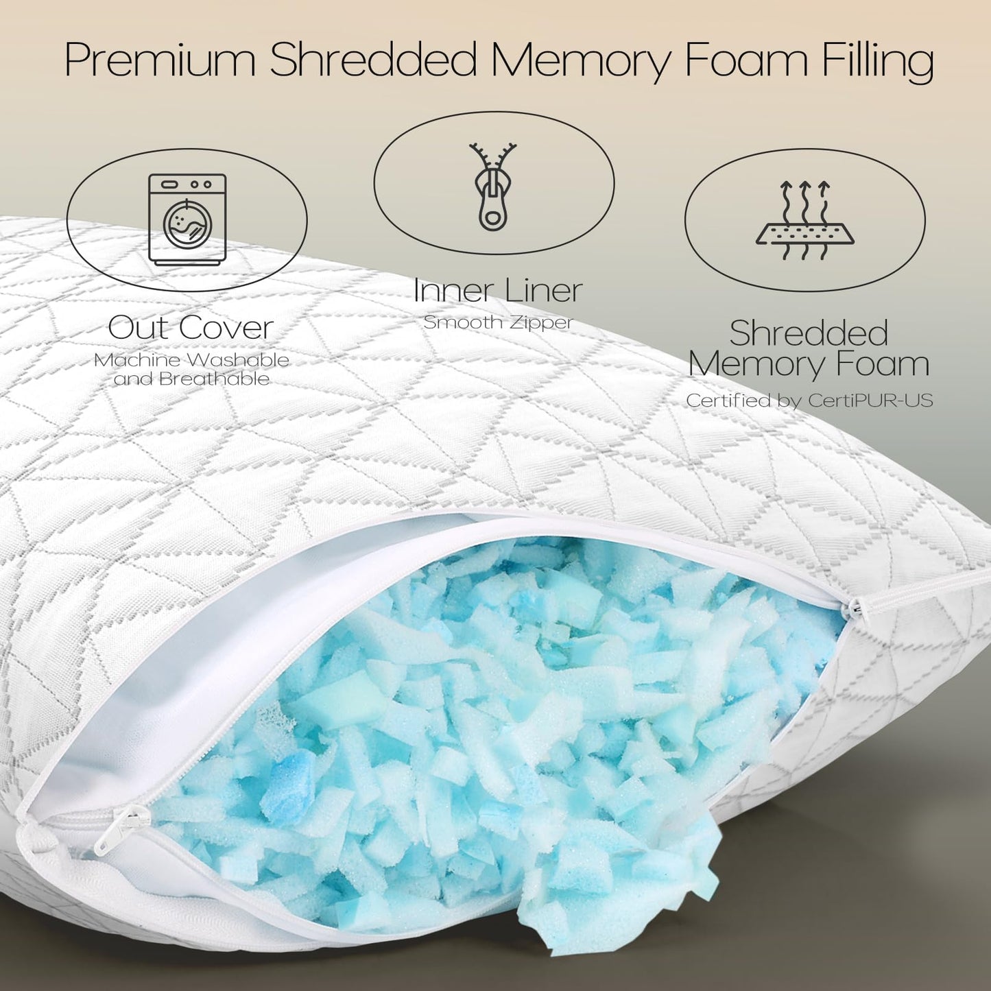 CushyOasis Shredded Memory Foam Pillows, Bed Pillows for Sleeping, Queen Size Pillows, Cooling Pillow, Stomach and Back Sleepers with Removable Washable Pillowcase (Queen*2)